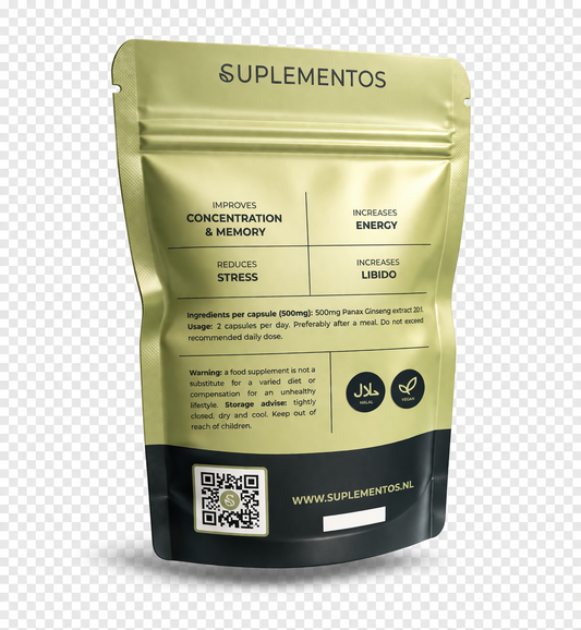 Achterzijde van Red Panax Ginseng supplement verpakking met details over werking zoals energie, concentratie, libido en gebruiksinstructies.