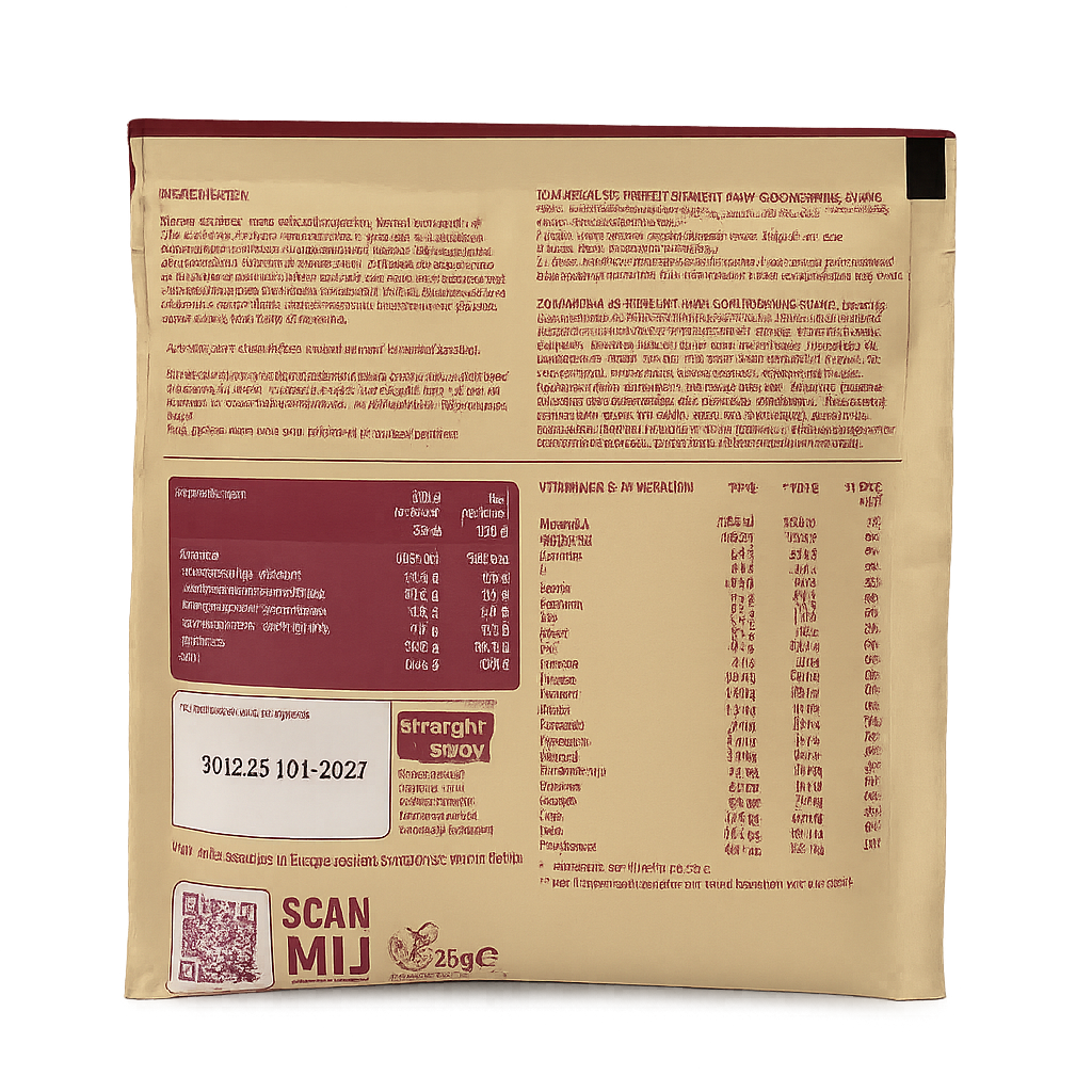 Achterkant verpakking Straight away goodmorning shake met voedingswaarden, ingrediënten en bereidingsinstructies.