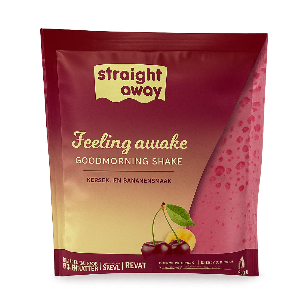 Voorkant verpakking Straight away good morning shake kersen en bananensmaak met afbeelding van het ingredienten en productnaam