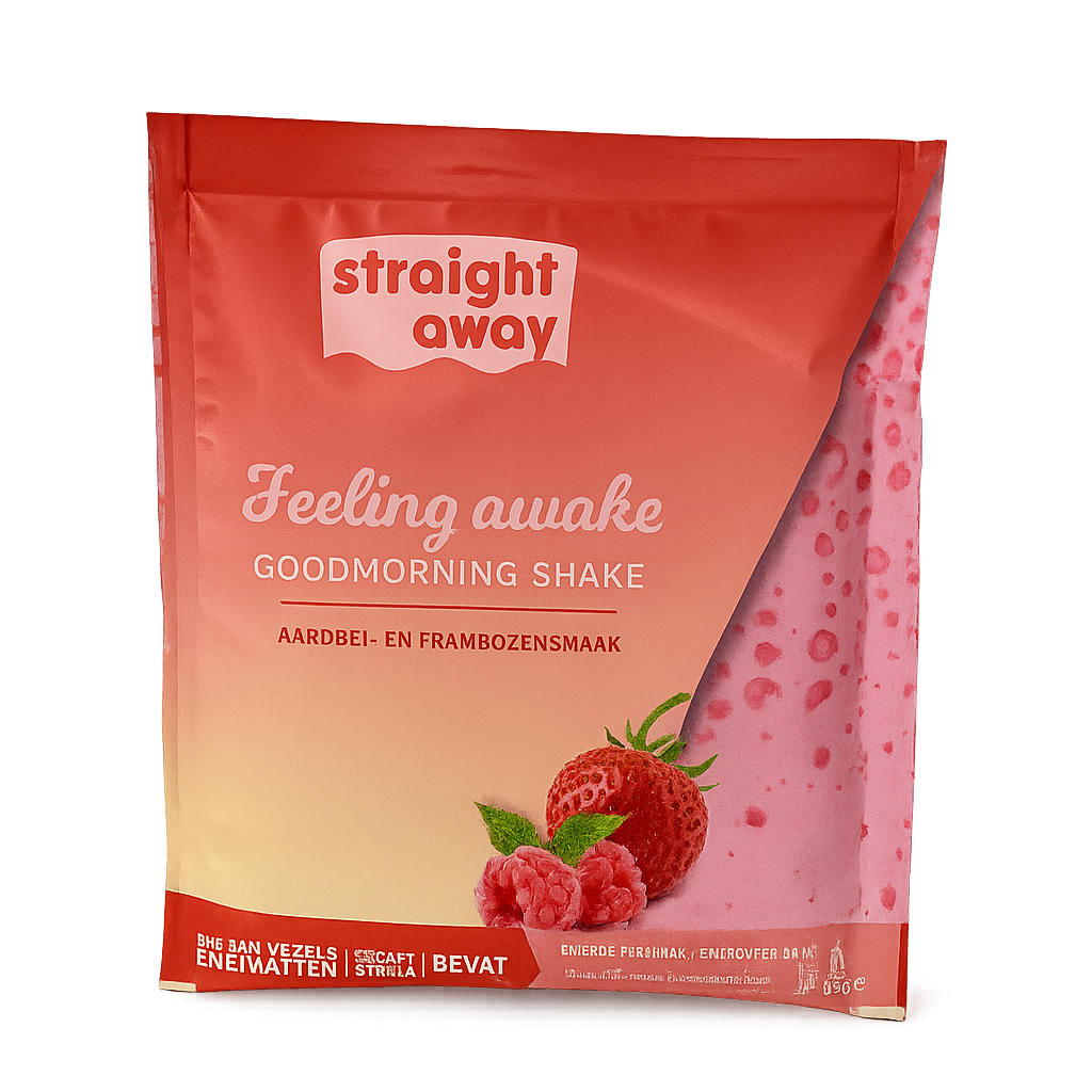 Voorkant verpakking Straight away good morning shake aardbei frambozensmaak met afbeelding van het ingredienten en productnaam