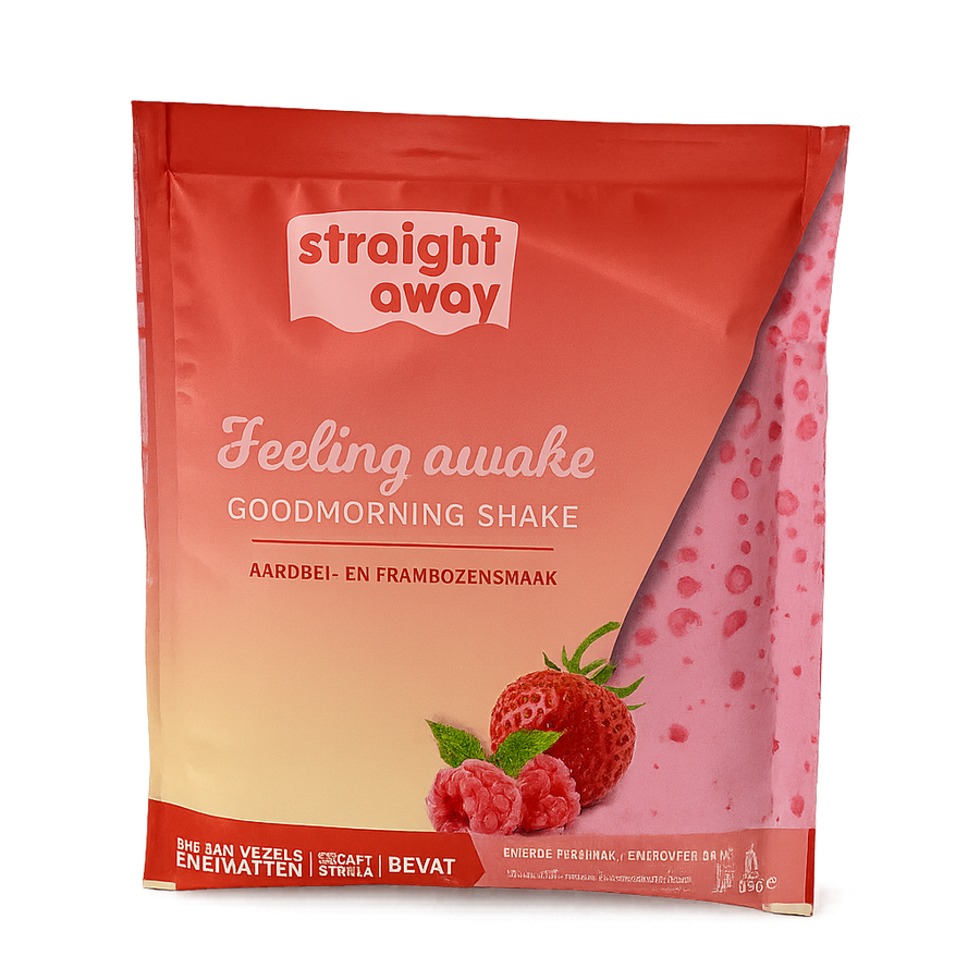 Voorkant verpakking Straight away good morning shake aardbei frambozensmaak met afbeelding van het ingredienten en productnaam