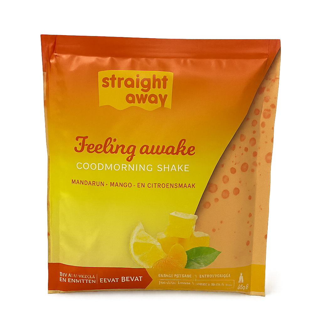 Voorkant verpakking Straight away good morning shake mandarijn mango citroensmaak met afbeelding van het ingredienten en productnaam