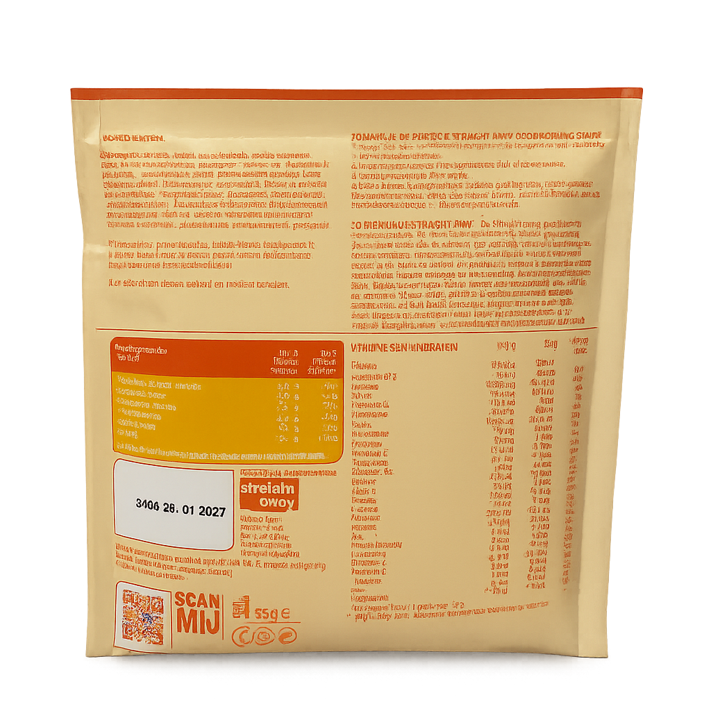 Achterkant verpakking Straight away goodmorning shake met voedingswaarden, ingrediënten en bereidingsinstructies.