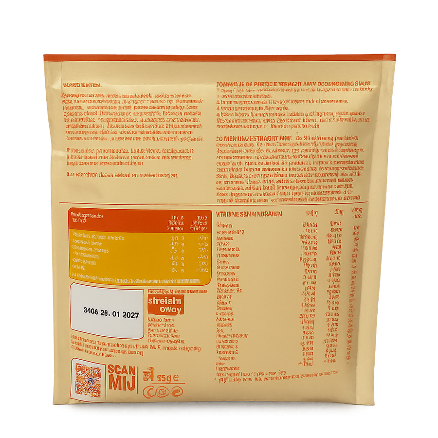 Achterkant verpakking Straight away goodmorning shake met voedingswaarden, ingrediënten en bereidingsinstructies.