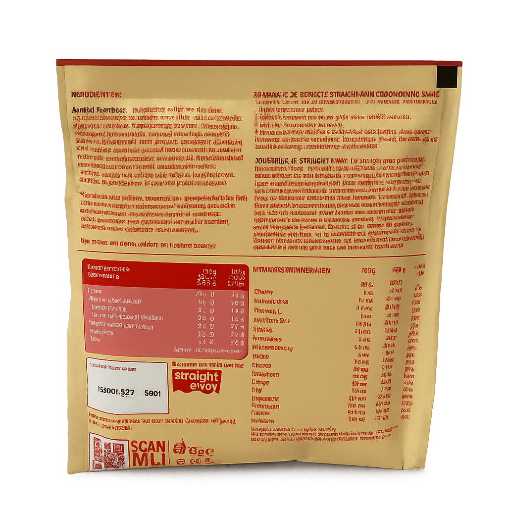 Achterkant verpakking Straight away goodmorning shake met voedingswaarden, ingrediënten en bereidingsinstructies.