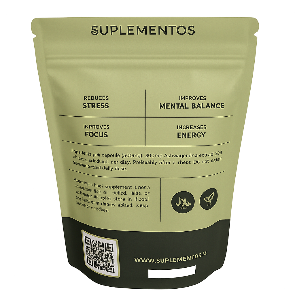 Back label of Ashwagandha supplement packaging showing benefits like stress reduction and energy boost