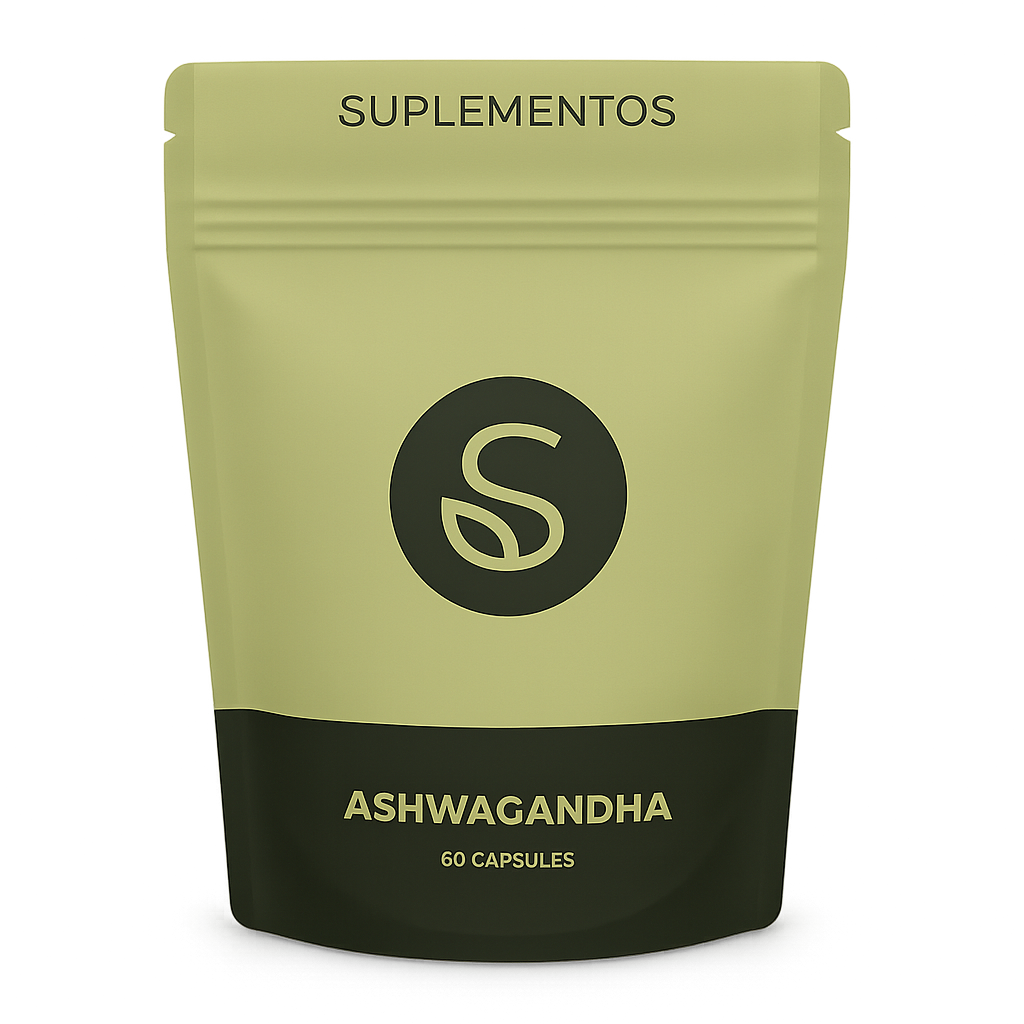 Front view of Ashwagandha supplement packaging featuring minimalist design and product branding