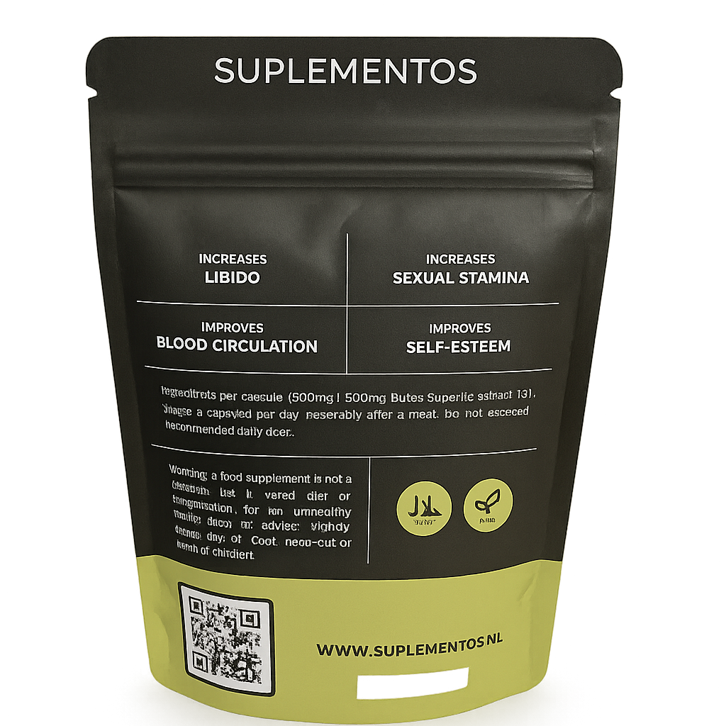 Detailed supplement facts and ingredient list on the back label of Butea Superba capsules