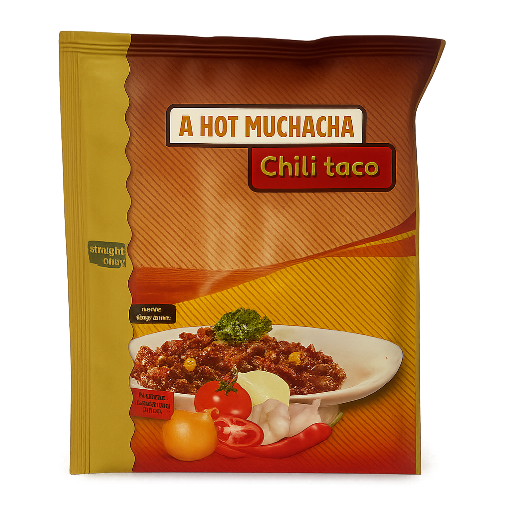 Voorkant verpakking Straight away Chili Taco met afbeelding van het gerecht en productnaam