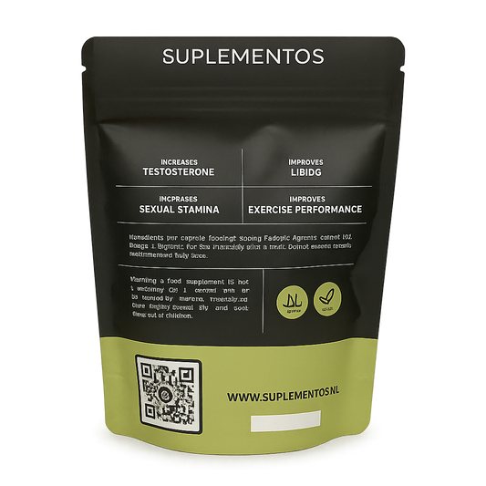 Achterkant van een Fadogia Agrestis supplement verpakking met informatie over voordelen zoals verhoogde testosteron en libido, inclusief ingrediënten, gebruiksadvies en keurmerken.