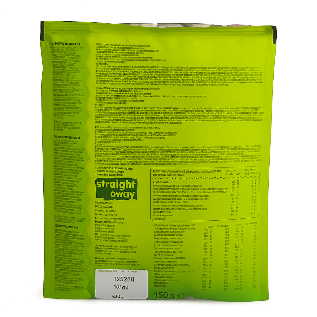 Achterkant verpakking Straight away Pasta Broccoli met voedingswaarden, ingrediënten en bereidingsinstructies.
