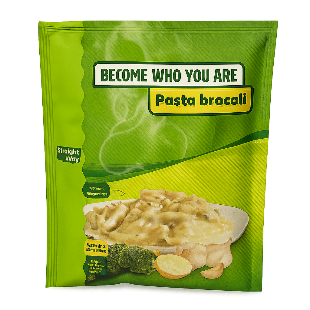 Voorkant verpakking Straight away Pasta Broccoli met afbeelding van het gerecht en productnaam