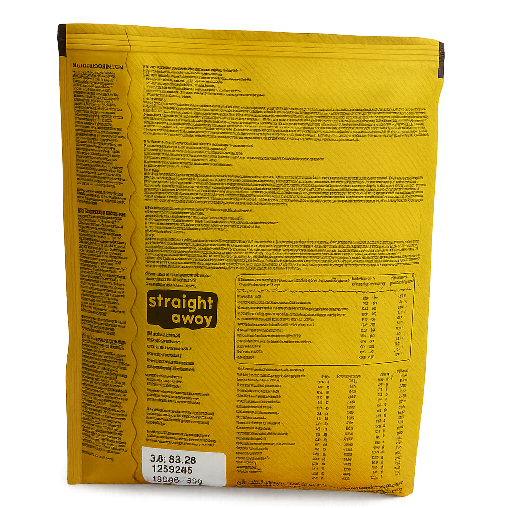 Achterkant verpakking Straight away Pasta Carbonara met voedingswaarden, ingrediënten en bereidingswijze.