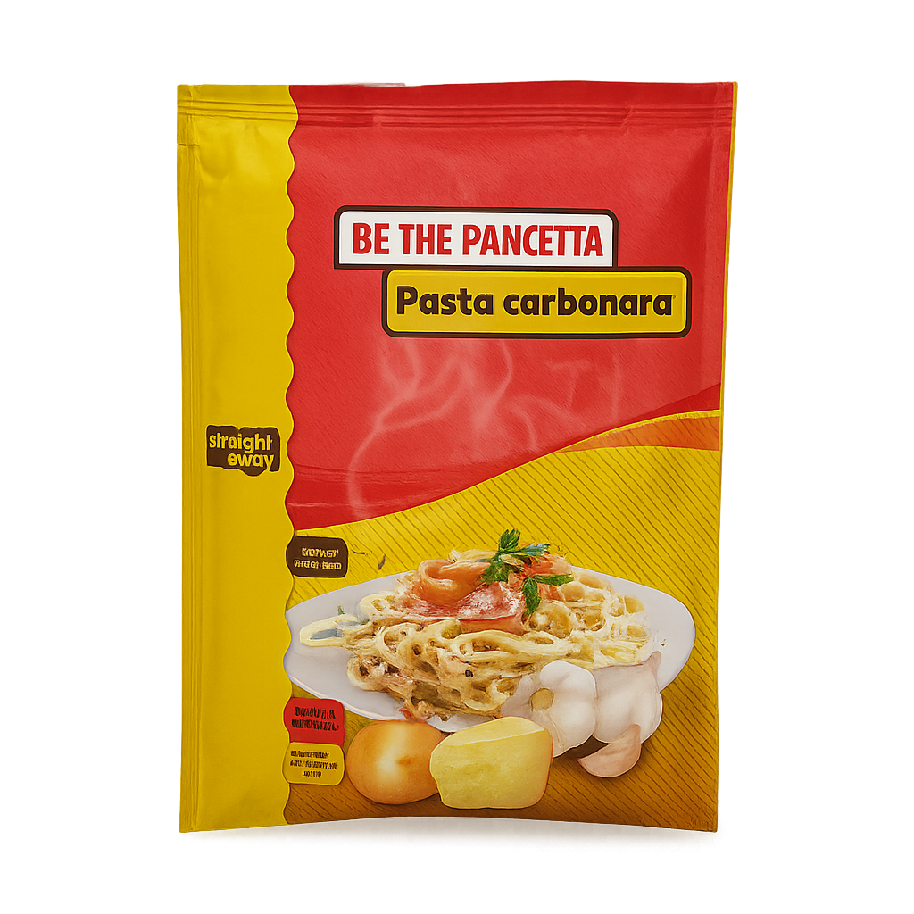 Voorkant verpakking Straight away Pasta Carbonara met afbeelding van het gerecht en productnaam
