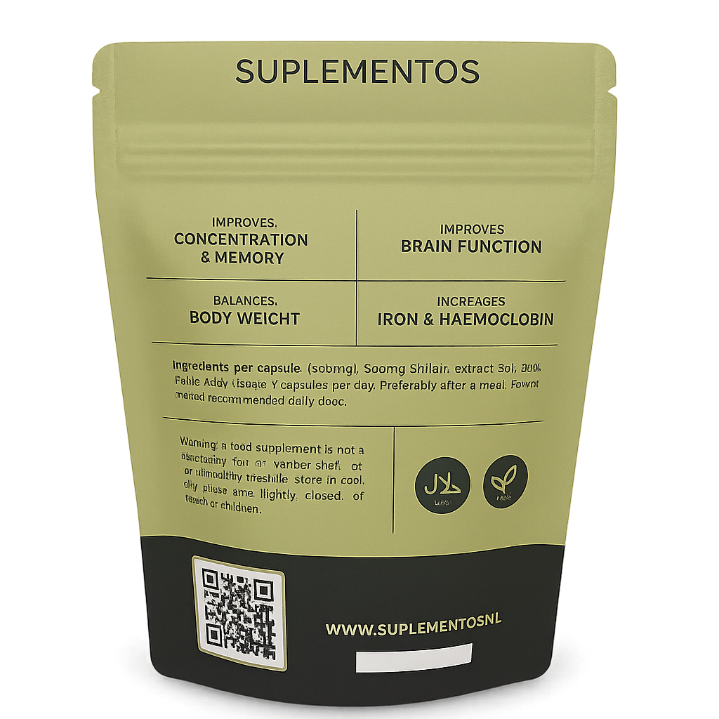 Back of Shilajit 500mg supplement packaging showing benefits, usage instructions, vegan and halal icons