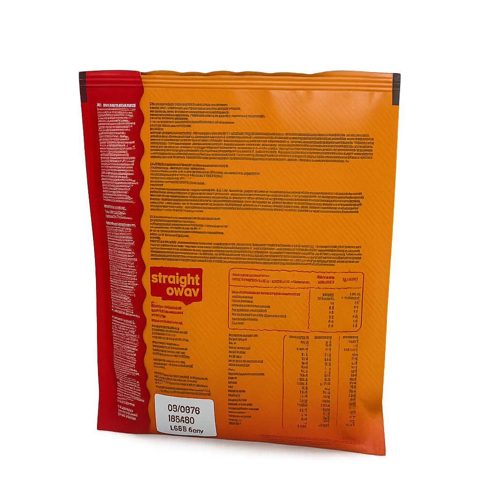 Achterkant verpakking Straight away Spaghetti Bolognese met voedingswaarden en bereidingsinstructies.