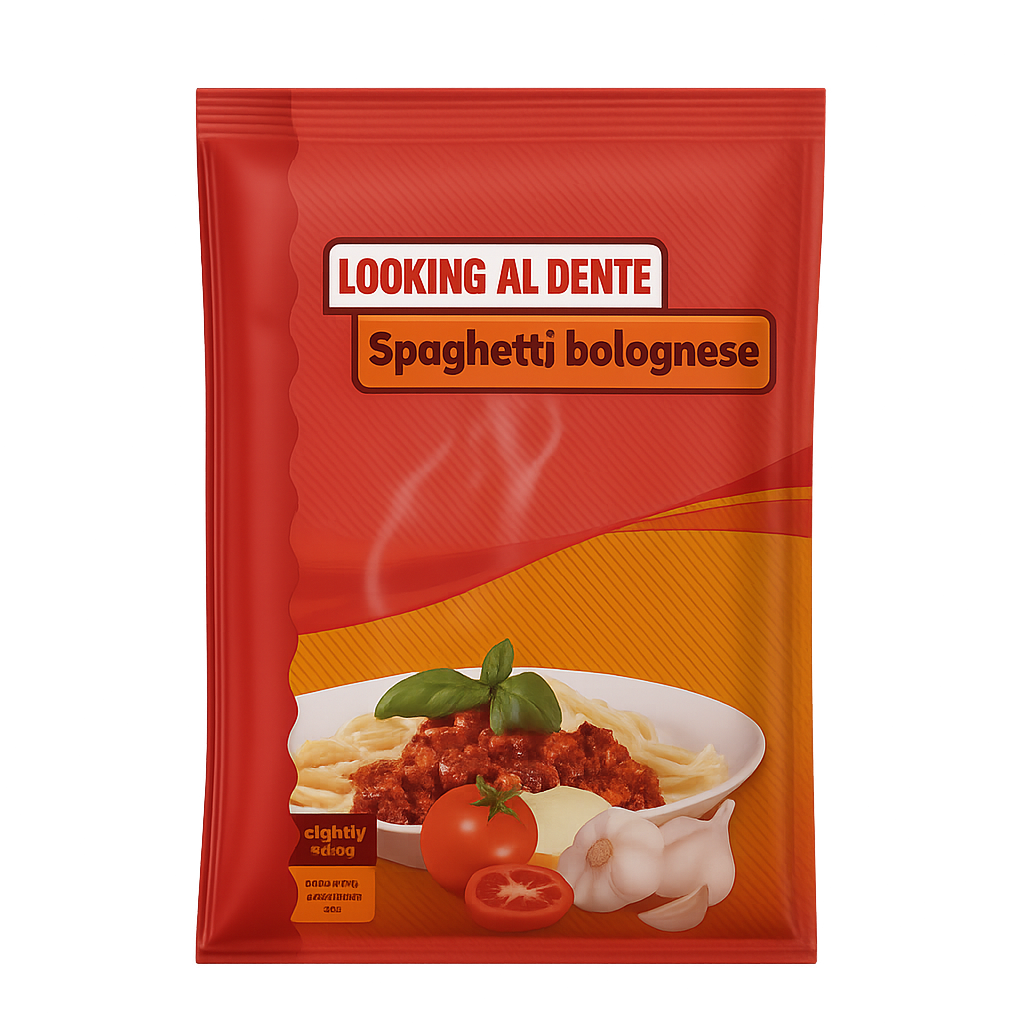 Voorkant verpakking Straight away Spaghetti Bolognese met afbeelding van het gerecht en productnaam.