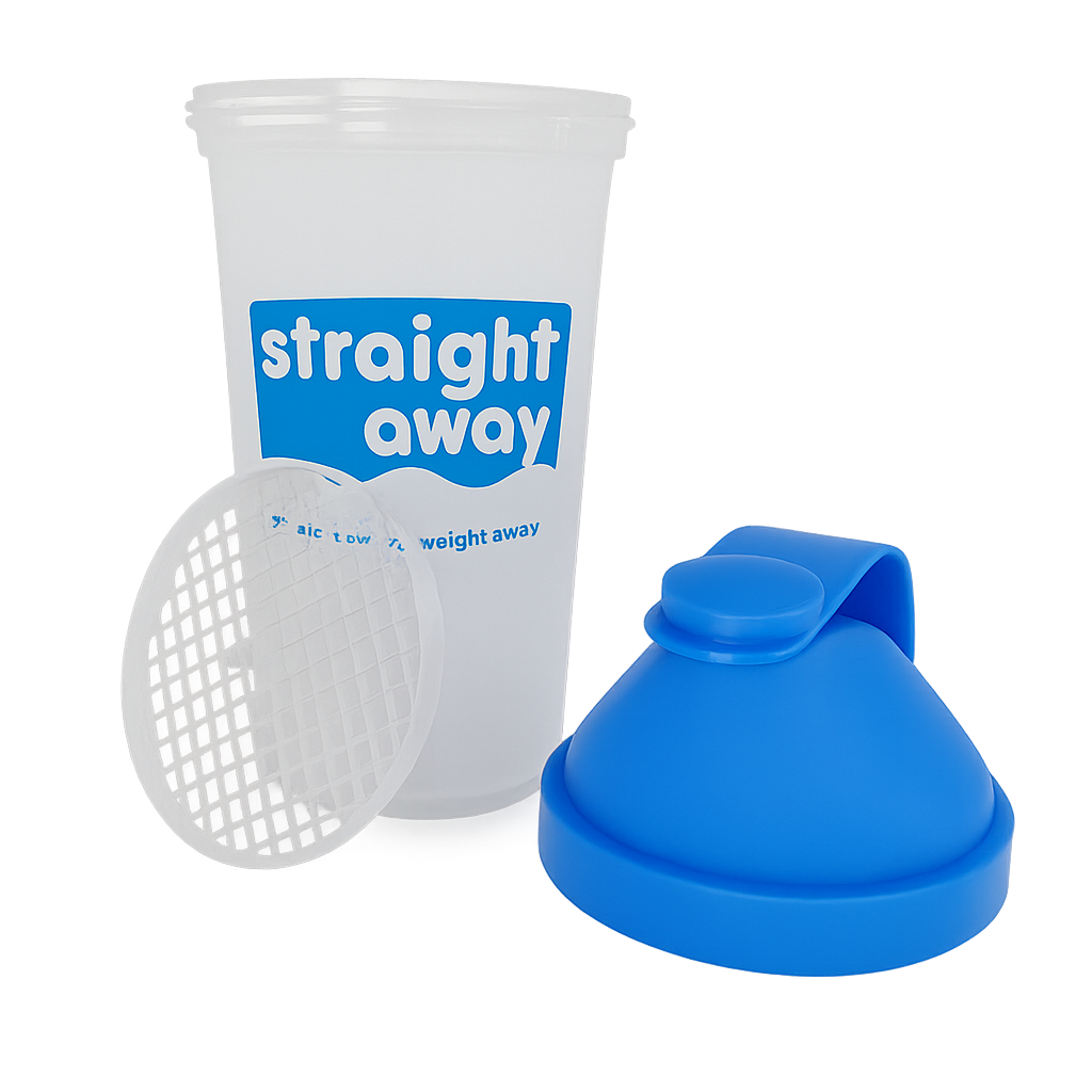 Straight away shakebeker 600ml met los zeefje en blauwe dop, volledig uit elkaar gehaald