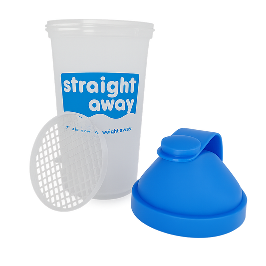 Straight away shakebeker 600ml met los zeefje en blauwe dop, volledig uit elkaar gehaald