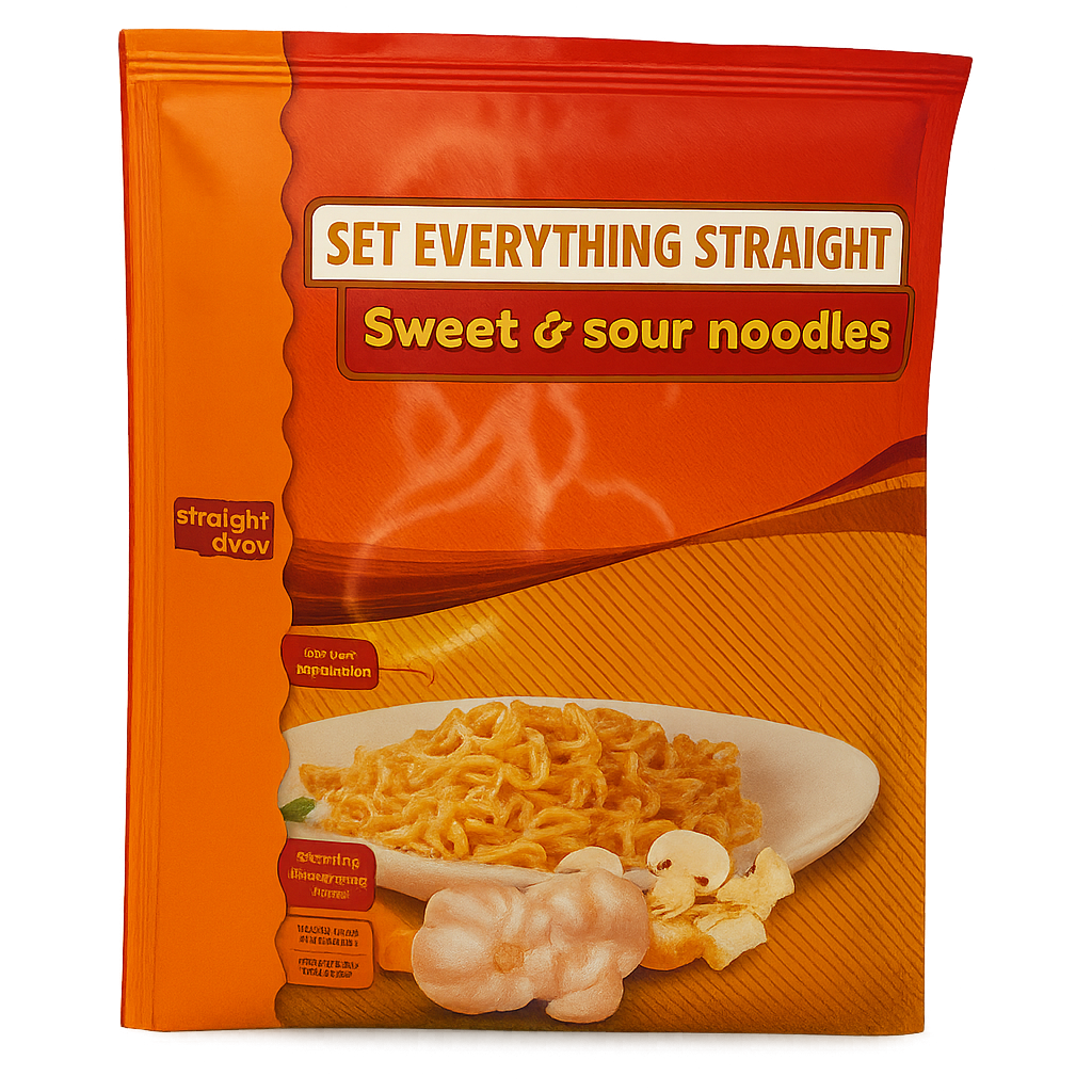 Voorkant verpakking Straight away Sweet & Sour Noodles met afbeelding van het gerecht en productnaam