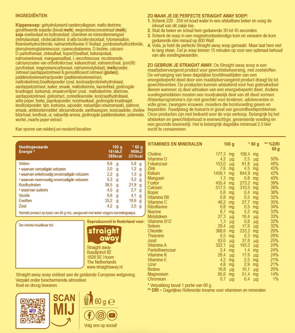 Straight away kippen maaltijdvervangende soep - een smaakvolle optie om je dieet te ondersteunen en op een gezonde manier af te slanken met de hartige smaak van kip.