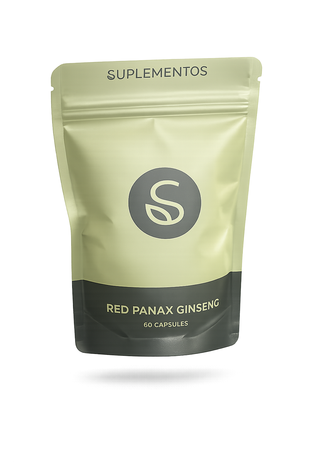 Staand zakje met Red Panax Ginseng capsules van Suplementos, voorkant met logo en productnaam in groen en zwart design.