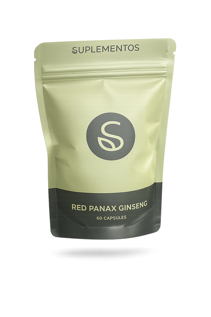 Staand zakje met Red Panax Ginseng capsules van Suplementos, voorkant met logo en productnaam in groen en zwart design.