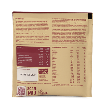Achterkant verpakking Straight away goodmorning shake met voedingswaarden, ingrediënten en bereidingsinstructies.
