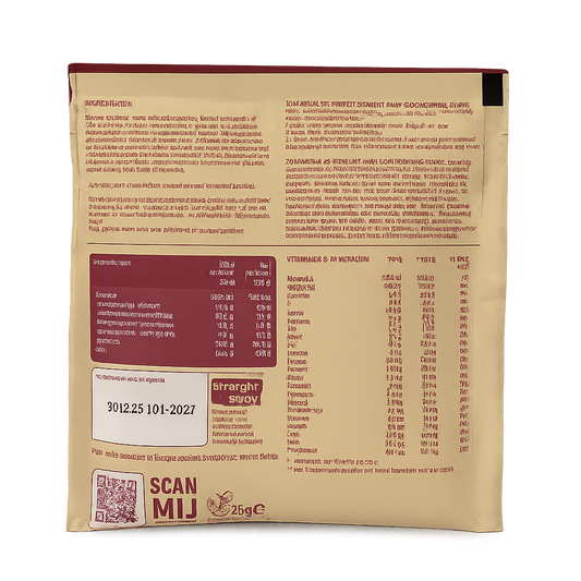 Achterkant verpakking Straight away goodmorning shake met voedingswaarden, ingrediënten en bereidingsinstructies.