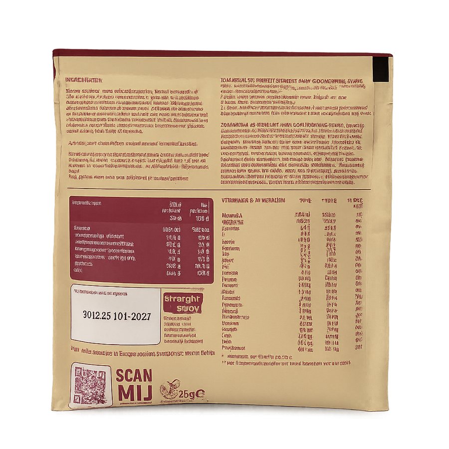 Achterkant verpakking Straight away goodmorning shake met voedingswaarden, ingrediënten en bereidingsinstructies.