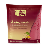 Voorkant verpakking Straight away good morning shake kersen en bananensmaak met afbeelding van het ingredienten en productnaam