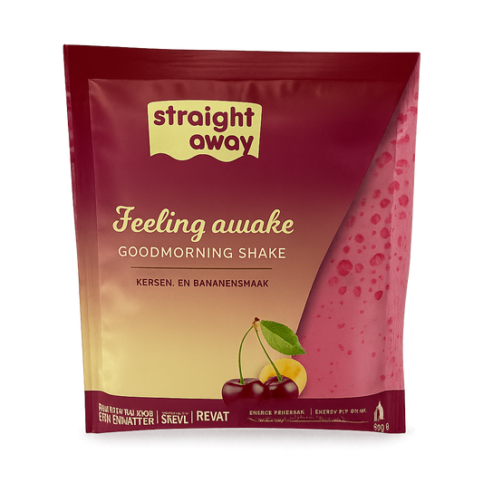 Voorkant verpakking Straight away good morning shake kersen en bananensmaak met afbeelding van het ingredienten en productnaam