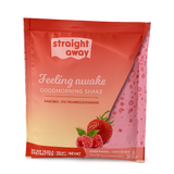 Voorkant verpakking Straight away good morning shake aardbei frambozensmaak met afbeelding van het ingredienten en productnaam