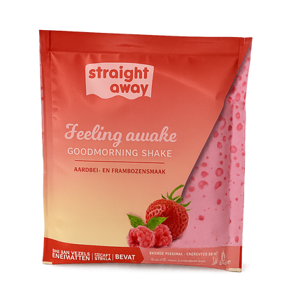 Voorkant verpakking Straight away good morning shake aardbei frambozensmaak met afbeelding van het ingredienten en productnaam