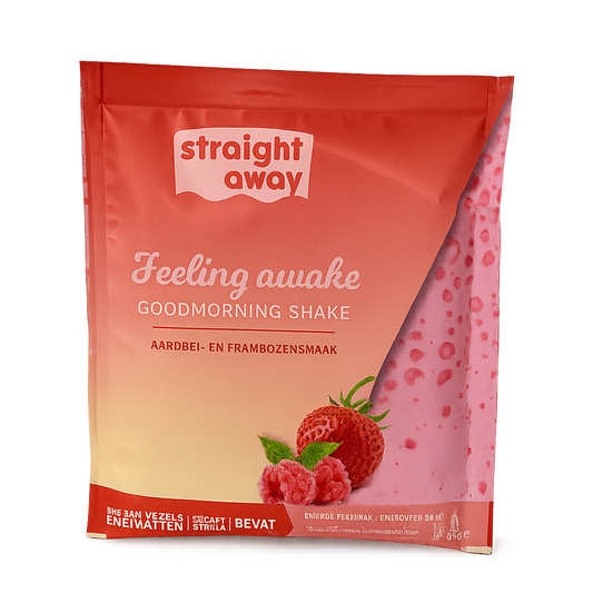 Voorkant verpakking Straight away good morning shake aardbei frambozensmaak met afbeelding van het ingredienten en productnaam