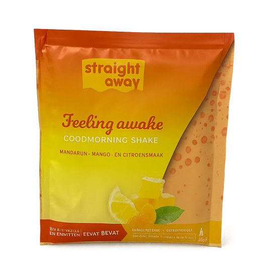 Voorkant verpakking Straight away good morning shake mandarijn mango citroensmaak met afbeelding van het ingredienten en productnaam