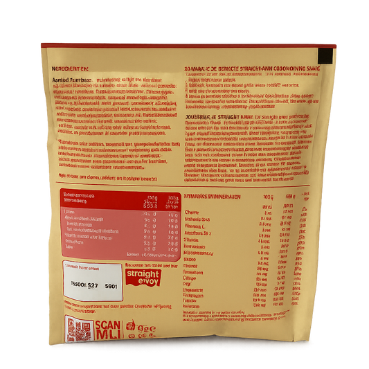 Achterkant verpakking Straight away goodmorning shake met voedingswaarden, ingrediënten en bereidingsinstructies.