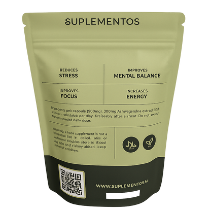 Back label of Ashwagandha supplement packaging showing benefits like stress reduction and energy boost