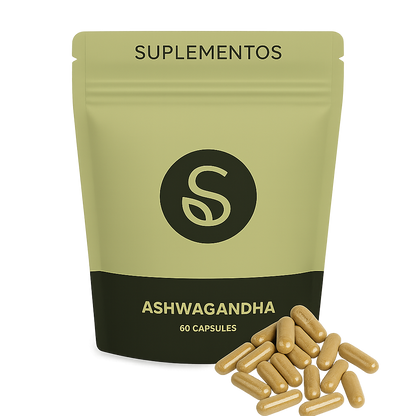 Ashwagandha supplement packaging with capsules, designed for natural stress relief and focus enhancement