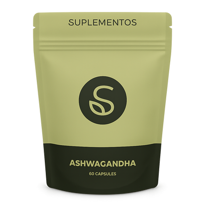 Front view of Ashwagandha supplement packaging featuring minimalist design and product branding