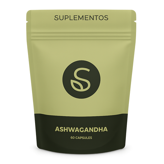 Front view of Ashwagandha supplement packaging featuring minimalist design and product branding