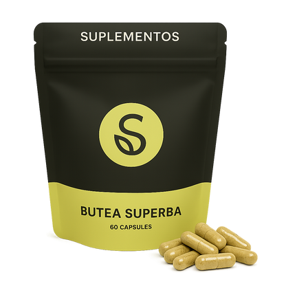 Butea Superba bottle with capsules displayed – vegan herbal supplement for male vitality