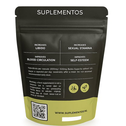 Detailed supplement facts and ingredient list on the back label of Butea Superba capsules