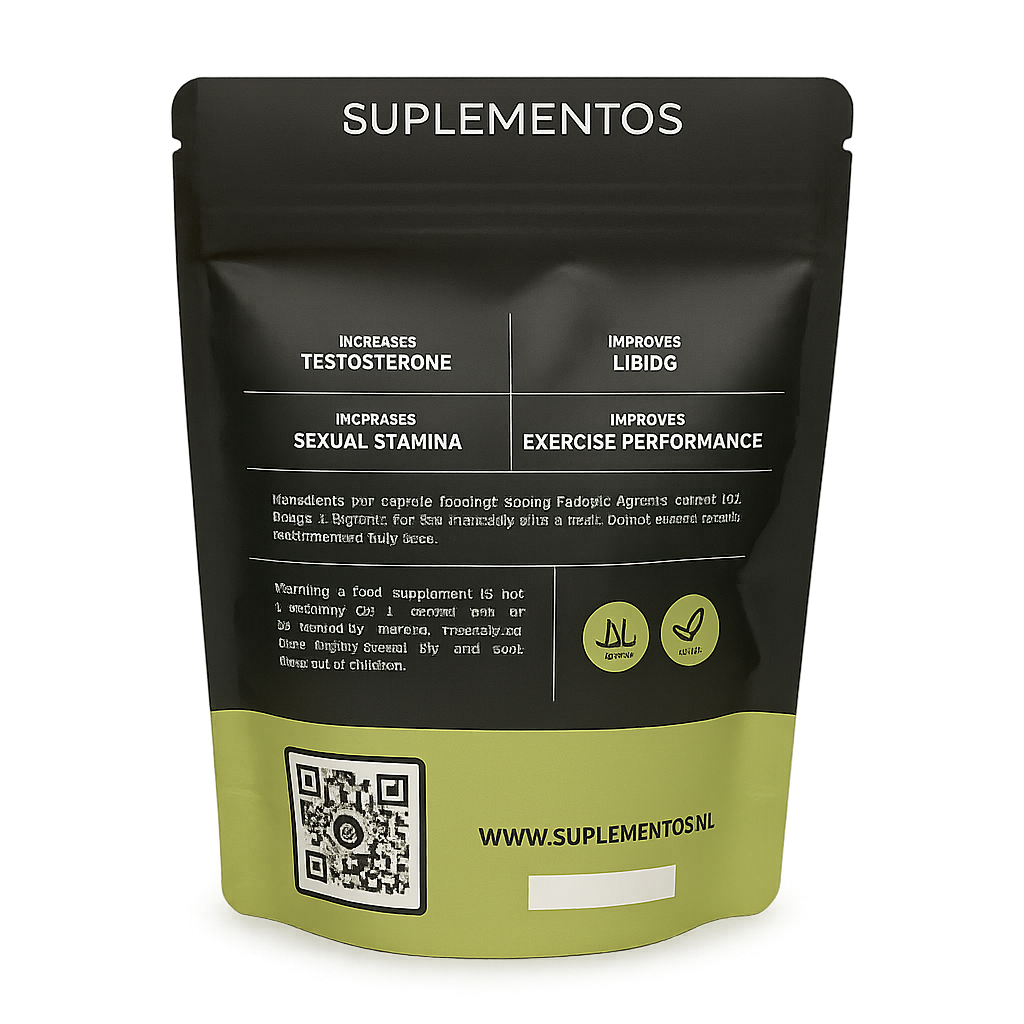 Achterkant van een Fadogia Agrestis supplement verpakking met informatie over voordelen zoals verhoogde testosteron en libido, inclusief ingrediënten, gebruiksadvies en keurmerken.