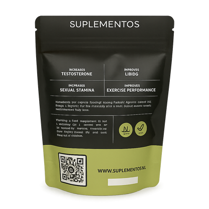 Achterkant van een Fadogia Agrestis supplement verpakking met informatie over voordelen zoals verhoogde testosteron en libido, inclusief ingrediënten, gebruiksadvies en keurmerken.