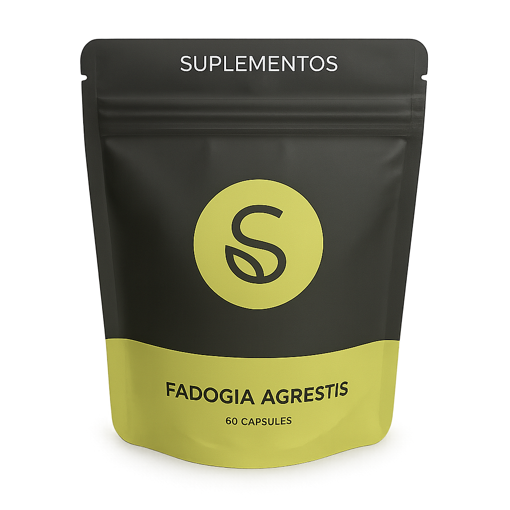 Voorkant van een Fadogia Agrestis supplement verpakking met 60 capsules, merk Suplementos, staande pouch in zwart en groen ontwerp.