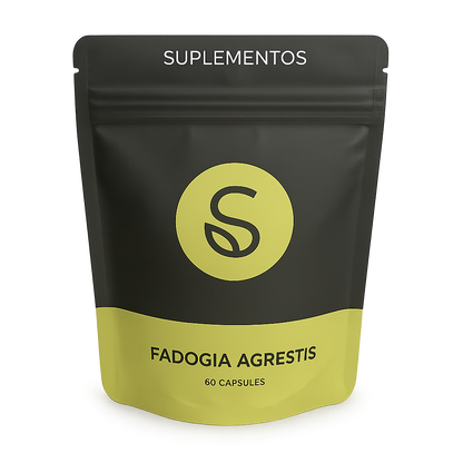 Voorkant van een Fadogia Agrestis supplement verpakking met 60 capsules, merk Suplementos, staande pouch in zwart en groen ontwerp.