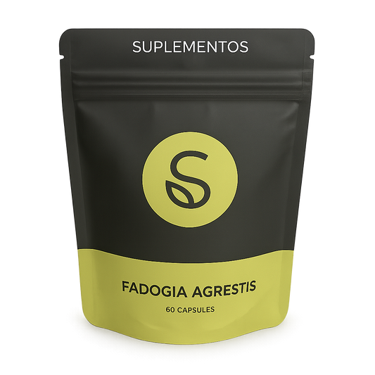 Voorkant van een Fadogia Agrestis supplement verpakking met 60 capsules, merk Suplementos, staande pouch in zwart en groen ontwerp.