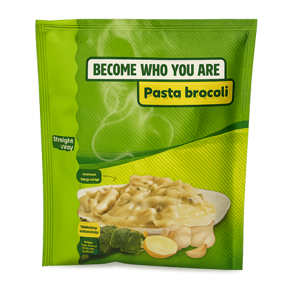 Voorkant verpakking Straight away Pasta Broccoli met afbeelding van het gerecht en productnaam