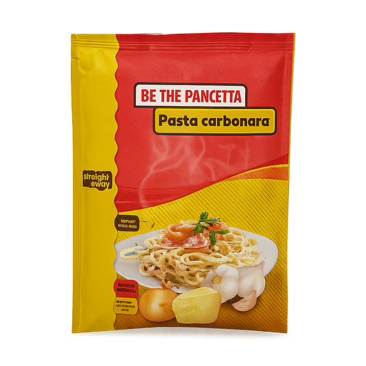Voorkant verpakking Straight away Pasta Carbonara met afbeelding van het gerecht en productnaam